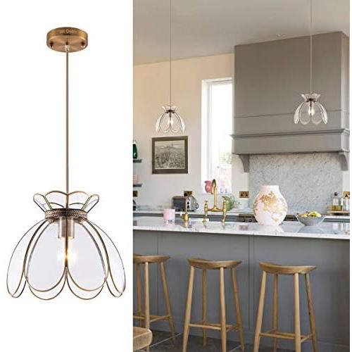 YIFI Deco Adjustable Pendant Light Brass Vintage Glass Lotus Flower Ceiling Pendant Light for Kitchen Island Dining Room Bedroom Living Room, Clear