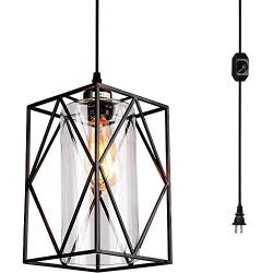 HMVPL plug in pendant light with Dimmer Switch, Farmhouse Hanging Lights Fixtures with 16.4ft Plug in Cord and Glass shade, Industrial Swag Ceiling Lamps for Kitchen Island Table Bedroom Hallway Foyer