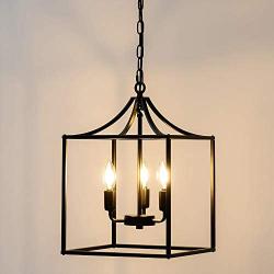 Modern Industrial Island-Shaped Chandelier Installation with 3 Lights, Black Farmhouse Antique Metal Height-Adjustable Square Pendant Ceiling , Suitable for Bedroom Kitchen Living Room Entrance Hall