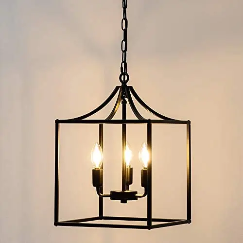 Modern Industrial Island-Shaped Chandelier Installation with 3 Lights, Black Farmhouse Antique Metal Height-Adjustable Square Pendant Ceiling , Suitable for Bedroom Kitchen Living Room Entrance Hall