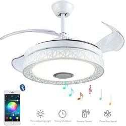 MoreChange 42 inch Bluetooth Ceiling Fans with Lights and Remote Control, Retractable Chandelier Fan Lighting with Speaker Play Music 7 Colorful Dimmable Fixture for Living/Dining Room (White Nest)