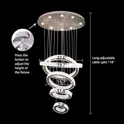 Modern Crystal Ring Chandelier LED Ceiling Fixtures Pendant Light Adjustable Stainless Steel Cable for Dining Living Room Staircase, 3-Color Changing 5 Ring