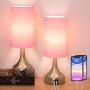 Yoxdalmk 3-Way Dimmable Touch Control Table Lamp Set of 2, Modern Bedside Desk Lamp with Dual USB Charging Ports, Pink Fabric Lampshade Nightstand Lamp for Bedroom, Living Room (LED Bulbs Included)
