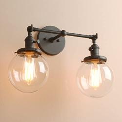 Pathson Vintage 2 Light Wall Sconce, Industrial Bathroom Vanity Lights with Globe Shade, Double Wall Lamp Fixtures for Living Room Bedroom (Matte Black)