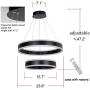 Contemporary Led Chandelier Lighting，Black Dimmable Led Pendent Lights Dining Room Chandeliers 2 Circle Ring Ceiling Hanging Light Fixture with Remote for Foyer Kitchen Living Room Meenyo
