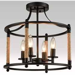 Farmhouse Metal Drum Ceiling Light with Hemp Rope Semi Flush Mount for Dining Room 4-Light 15.7“