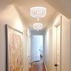 Alice House 14.1'' Flush Mount Ceiling Light, 2 Lights Wood Beaded Chandelier, White Farmhouse Ceiling Light for Entryway, Hallway, Bedroom and Stairway AL9031-S2