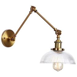 KWOKING Lighting Adjustable Wall Sconce Industrial Wall Sconce Lighting 2 Swing Arms Wall Sconce lamp with Dome Shade Vintage Ribbed Glass Light for Living Room, Bedroom, Dining Room (Bronze)