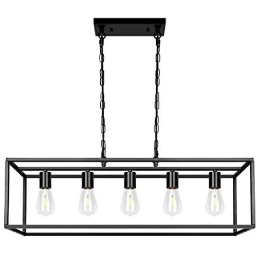 Black Farmhouse Kitchen Island Dining Room Pendant Light Modern 5-Light Chandelier Rectangle Metal Industrial Ceiling Light Fixtures for Living Room Foyer Bar (Black)