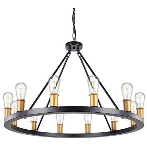 Wellmet Wagon Wheel Chandelier, 35”Dia 12 Lights Rustic Matte Black Foyer Chandelier, Large Round Mordern Farmhouse Chandeliers Lighting Fixture for Kitchen Island, Dining Living Room, Entryway Wellmet Wagon Wheel Chandelier, 35”Dia 12 Lights Rustic Matte Black Foyer Chandelier, Large Round Mordern Farmhouse Chandeliers Lighting Fixture for Kitchen Island, Dining Living Room, Entryway