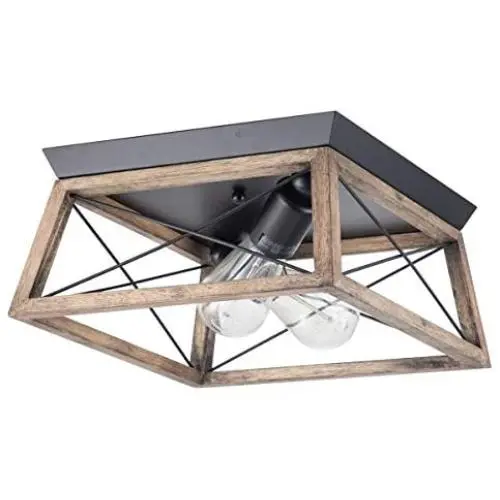 VILUXY Retro Industrial Rectangle Flush Mount Ceiling Light Fixture with Wood Shade for Hallway, Entryway, Passway, Dining Room, Bedroom, Balcony Living Room Two-Light