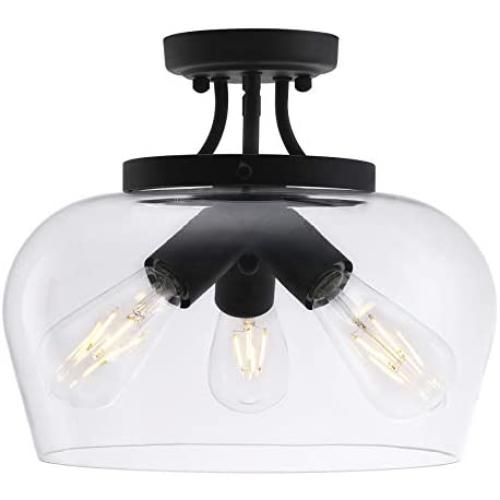 CO-Z Modern Industrial Clear Glass Shade Ceiling Light Fixture, 3 Bulb Matte Black Semi Flush Mount Ceiling Lighting Fixture for Kitchen Island Dining Table Bedroom Hallway Living Room Entryway Foyer