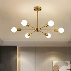 Modern Sputnik Chandelier 6 Lights Semi Flush Mount Ceiling Pendant Lighting Mid Century Industrial Gold Brushed Brass Light Fixture for Kitchen Living Room Dining Room Restaurant