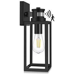 Motion Sensor Outdoor Wall Lantern, Dusk to Dawn Photocell Exterior Light Fixture Wall Mount,100% Aluminum, Clear Glass, Matte Black Wall Sconce for Porch Doorway Garage, E26 Socket, Motion Activated