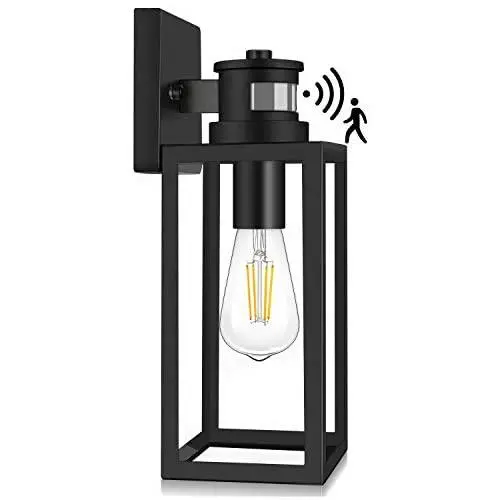 Motion Sensor Outdoor Wall Lantern, Dusk to Dawn Photocell Exterior Light Fixture Wall Mount,100% Aluminum, Clear Glass, Matte Black Wall Sconce for Porch Doorway Garage, E26 Socket, Motion Activated