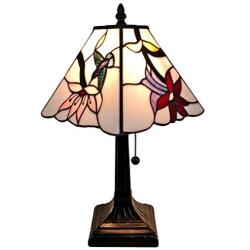 Amora Lighting Tiffany Style Mini Accent Lamp Mission 15'' Tall Stained Glass Pink Red Floral Hummingbird Vintage Antique Light Décor Nightstand Living Room Bedroom Office Gift AM211TL08B, Multicolor