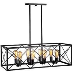 Jinzo Farmhouse Rectangle Chandelier Island Lighting 8-Lights High Linear Industrial Dining Room Chandelier with Rustic Metallic Open Frame Matte Black Hanging Kitchen Island Lighting Fixtures