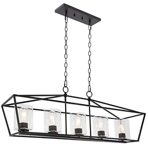 BONLICHT 5 Light Rectangle Farmhouse Chandelier Matte Black Finish with Cylinder Clear Glass Shade Metal Hanging Kitchen Island Pendant Lighting Ceiling Fixture for Dining Room Entryway Living Room