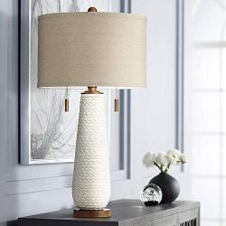 Kingston Mid Century Modern Table Lamp White Ceramic Taupe Drum Shade for Living Room Bedroom Bedside Nightstand Office Family - Possini Euro Design