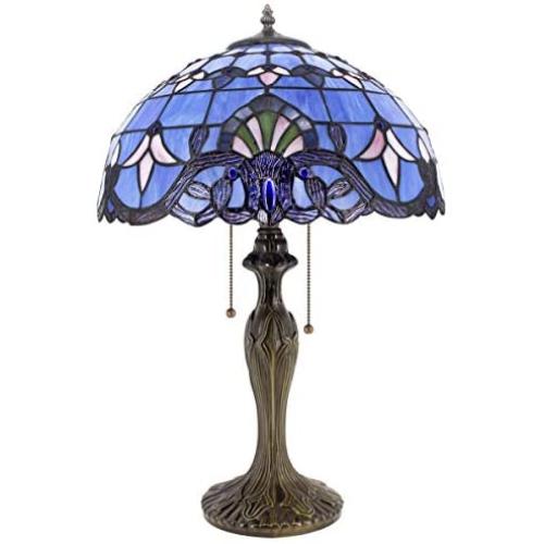 Tiffany Lamp Stained Glass Desk Light W16H24 Inch Tall Blue Purple Baroque Lavender Shade Antique Base S003C WERFACTORY LAMPS Lover Friends Kids Living Room Bedroom Bedside Coffee Bar Art Crafts Gifts