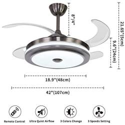 Ainfox 42'' Ceiling Fan with Light, 3 Speeds Invisible Retractable Chandelier Ceiling Fan with Remote Control, 3 Light Change Timing Function 4-Blades Fandelier Fan for Dining Room/Bedroom