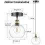 WENFENG Industrial Mini Pendant Light Fixtures, Adjustable Height Flush Mount Hanging Ceiling Lamp, Clear Globe Glass Shade E26 Base for Kitchen Island Dining Room Living Room Hallway Entryway