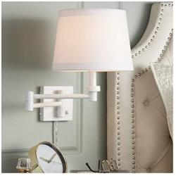 Vero Modern Swing Arm Wall Lamp White Plug-in Light Fixture Hardback Drum Shade for Bedroom Bedside Living Room Reading - 360 Lighting