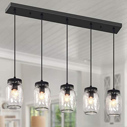 Farmhouse Chandelier 5 Lights Glass Mason Jar Pendant Lighting Dining Room Light Fixture Adjustable Linear Hanging Lamp for Kitchen Island Dining Room Living Room