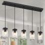 Farmhouse Chandelier 5 Lights Glass Mason Jar Pendant Lighting Dining Room Light Fixture Adjustable Linear Hanging Lamp for Kitchen Island Dining Room Living Room