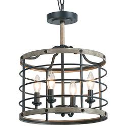 LOG BARN Industrial Cage Chandelier Farmhouse Pendant Lighting 14 inches, 4-Lights Faux Wood Ceiling Hanging Light Fixture for Dining Rooms, Living Room, Kitchen, Hallway