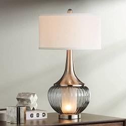 Courtney Modern Table Lamp with Nightlight Fluted Smoked Glass Brushed Nickel White Linen Drum Shade for Living Room Family - 360 Lighting