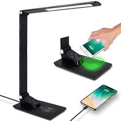 LED Desk Lamp with USB Charging Port,Office Lamp with Wireless Charger,Study Lamp for Student,Desk Light for Office,Touch Control,Memory Function,3 Lighting Mode&5 Brightness Levels,Black