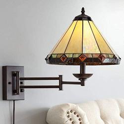 Tiffany Style Swing Arm Wall Lamp Bronze Plug-in Light Fixture Stained Glass for Bedroom Bedside Living Room Reading - Robert Louis Tiffany