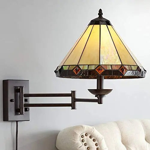 Tiffany Style Swing Arm Wall Lamp Bronze Plug-in Light Fixture Stained Glass for Bedroom Bedside Living Room Reading - Robert Louis Tiffany