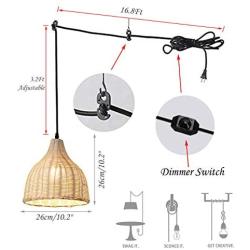 ANYE 1-Light Creative Retro Style E26 Lamp Holder Rattan Lampshade 20ft Black Cord Plug-in UL On/Off Dimmer Switch Pendant Light for Dining Room Cafe Restaurant Bulbs Not Included