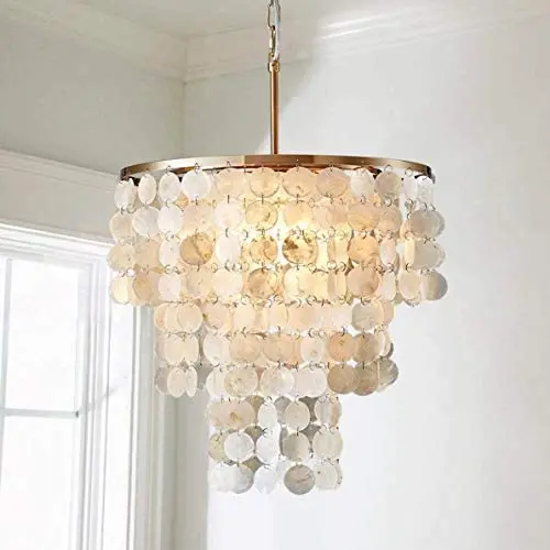 Saint Mossi 1-Light Morden Chandelier Capiz Pendant Lighting Fixture Coastal Style Hanging Ceiling Lighting for Dining Living Room Bedroom White Kitchen Island