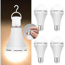 4 Pack Emergency-Rechargeable-Light-Bulb, 3000K Soft White Light Bulbs, Stay Lights Up When Power Failure, 1200mAh 15W 80W Equivalent LED Light Bulbs for Home, Camping, Tent (E27, with Hook)