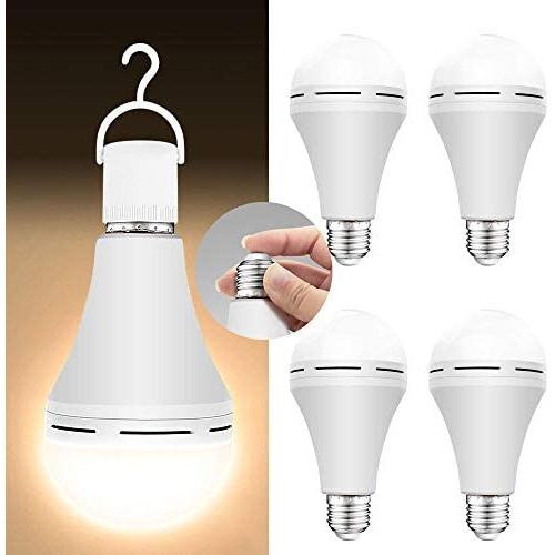 4 Pack Emergency-Rechargeable-Light-Bulb, 3000K Soft White Light Bulbs, Stay Lights Up When Power Failure, 1200mAh 15W 80W Equivalent LED Light Bulbs for Home, Camping, Tent (E27, with Hook)