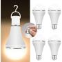 4 Pack Emergency-Rechargeable-Light-Bulb, 3000K Soft White Light Bulbs, Stay Lights Up When Power Failure, 1200mAh 15W 80W Equivalent LED Light Bulbs for Home, Camping, Tent (E27, with Hook)
