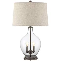 Becker Cottage Table Lamp with Nightlight LED Fillable Clear Glass Drum Shade for Living Room Family Bedroom Nightstand - Regency Hill