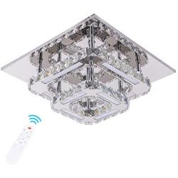 Kai Modern Crystal Chandelier Dimmable Flush Mount Ceiling Light with Remote Control Color Temperature Adjustable LED K9 Crystal 2-Square Mini Ceiling Lamp, 120lm/w CRI>80 3000k/4000k/6000k, Chrome