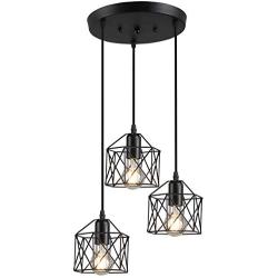 Industrial 3-Light Pendant Lighting Adjustable Hanging Light Fixtures Vintage Farmhouse Pendant Light with Black Metal Cage E26 Base for Kitchen Island Dining Room Living Room Hotel Shop and Bar