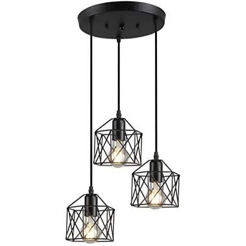 Industrial 3-Light Pendant Lighting Adjustable Hanging Light Fixtures Vintage Farmhouse Pendant Light with Black Metal Cage E26 Base for Kitchen Island Dining Room Living Room Hotel Shop and Bar Industrial 3-Light Pendant Lighting Adjustable Hanging Light Fixtures Vintage Farmhouse Pendant Light with Black Metal Cage E26 Base for Kitchen Island Dining Room Living Room Hotel Shop and Bar