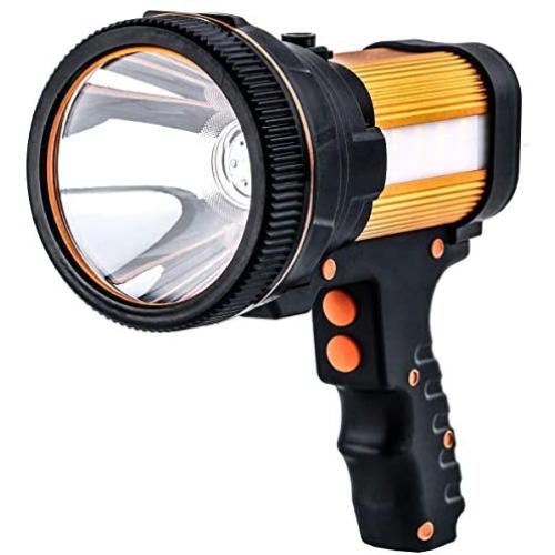 Gwendool super bright spotlight 7000 lumens waterproof LED flashlight rechargeable handheld searchlight 6600 MAh portable outdoor tactical flashlight 5 lighting modes (gold)