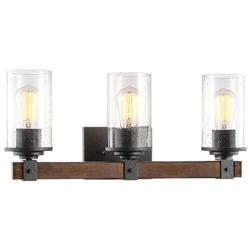 Kira Home Brentwood 22.5'' 3-Light Farmhouse Vanity/Bathroom Light + Seeded Glass Shades, Black + Wood Style Walnut Finish