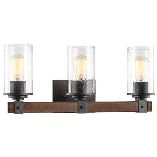 Kira Home Brentwood 22.5'' 3-Light Farmhouse Vanity/Bathroom Light + Seeded Glass Shades, Black + Wood Style Walnut Finish