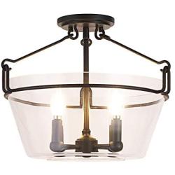 NALATI 4-Light Industrial Metal Chandelier with Clear Glass Bowl Shade Semi Flush Mount Ceiling Lighting Matte Black