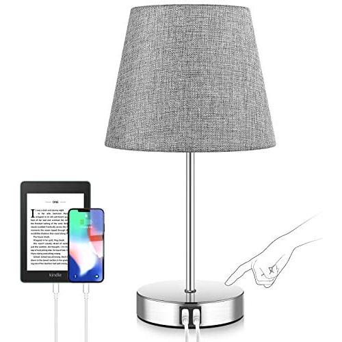 Touch Control Table Lamp, Modern Nightstand Lamps with Fast Dual USB Charging Ports & 1 AC Outlet, 3 Way Dimmable Bedside Lamp, Desk Lamp with Gray Fabric Shade for Bedroom- 5000K LED Bulb Included