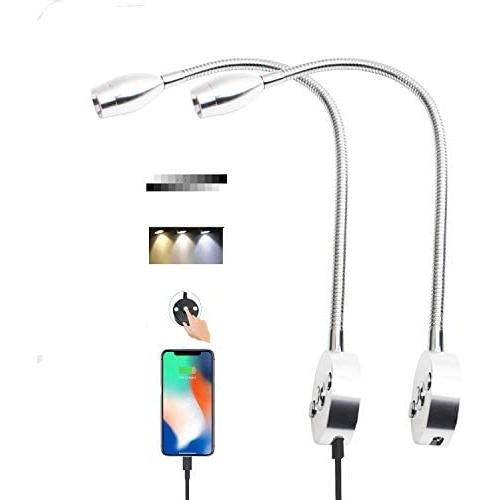 BaiBaiYi LED Reading Light, USB Charging Port, Flexible gooseneck Reading Wall lamp, Adjustable Brightness and Color Temperature Touch Switch, Suitable for Bedside, Easy to Install, silver2 Packs