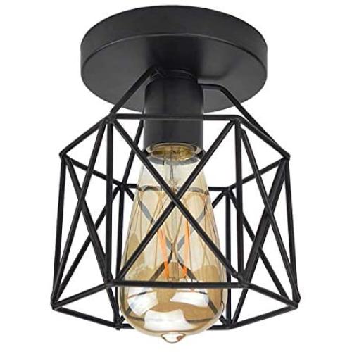 Lysed Semi Flush Mount Ceiling Light E26 E27 Light Fixtures Retro Black Industrial Pendant Light Metal Bulb Guard Lamp Cage for Porch Hallway Kitchen Stairway Farmhouse Light